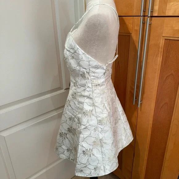 LULUS.Shiny Ivory & Gold Jacquard Mini Dress. Size S. Adjustable Straps. - Picture 4 of 10